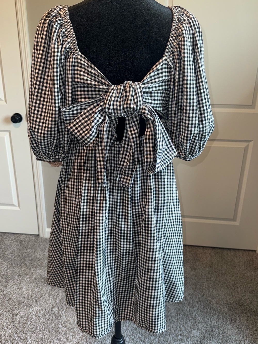 Black & White Gingham Puff Elastic Sleeve Mini Dress with Tie Bow Open Back